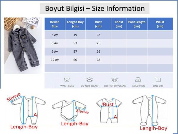 Esnek Erkek Bebek Kot Tulum 100% Cotton MAVİ - 3 Ay