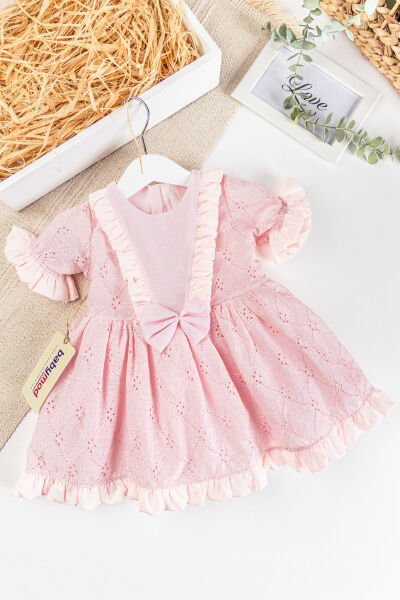 Fiyonklu Fırfırlı Kısa Kollu Kız Çocuk Krem Elbise PEMBE - 2 Yaş