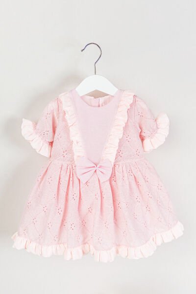 Fiyonklu Fırfırlı Kısa Kollu Kız Çocuk Krem Elbise PEMBE - 2 Yaş