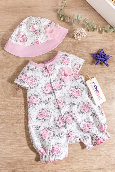 Çiçek Desenli Şapkalı Kız Bebek Yazlık Tulum PEMBE - 3-6 AY