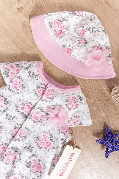 Çiçek Desenli Şapkalı Kız Bebek Yazlık Tulum PEMBE -  6-9 AY