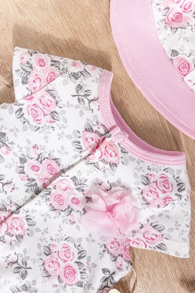 Çiçek Desenli Şapkalı Kız Bebek Yazlık Tulum PEMBE -  6-9 AY