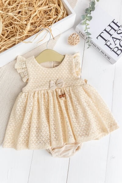 Dantet Detaylı Bodyli Kız Bebek Elbise Bej