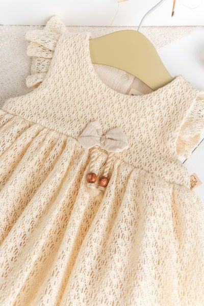 Dantet Detaylı Bodyli Kız Bebek Elbise Bej