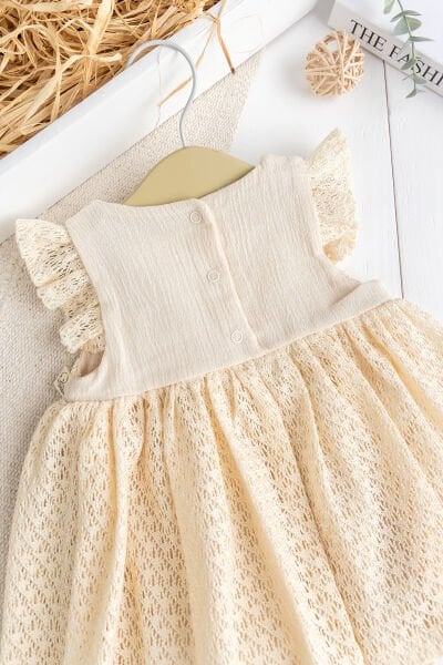 Dantet Detaylı Bodyli Kız Bebek Elbise Bej