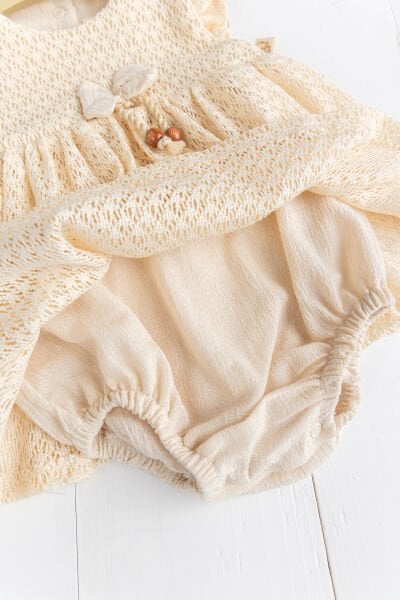 Dantet Detaylı Bodyli Kız Bebek Elbise Bej