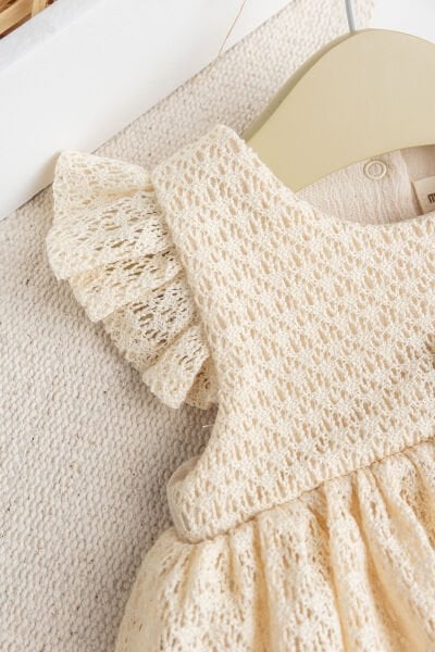 Dantet Detaylı Bodyli Kız Bebek Elbise Bej