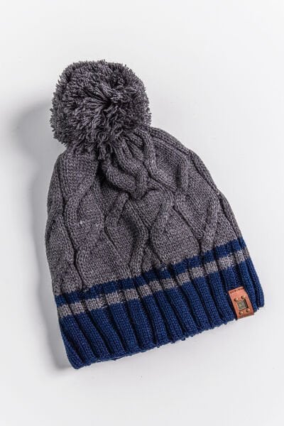 Saç Örgüsü Desenli Ponponlu 9-15 Yaş Erkek Çocuk Bere Füme - 9-15 Yaş