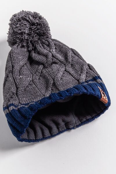 Saç Örgüsü Desenli Ponponlu 9-15 Yaş Erkek Çocuk Bere Füme - 9-15 Yaş