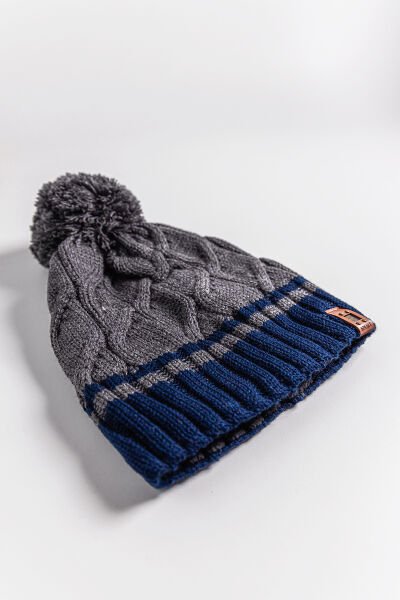 Saç Örgüsü Desenli Ponponlu 9-15 Yaş Erkek Çocuk Bere Füme - 9-15 Yaş