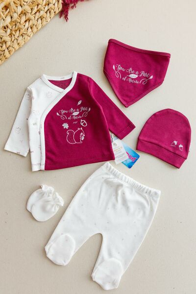 Organik Sincap Figürlü 5 Parça Kız Bebek Hastane Çıkışı Bebek Seti