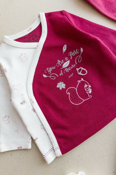 Organik Sincap Figürlü 5 Parça Kız Bebek Hastane Çıkışı Bebek Seti