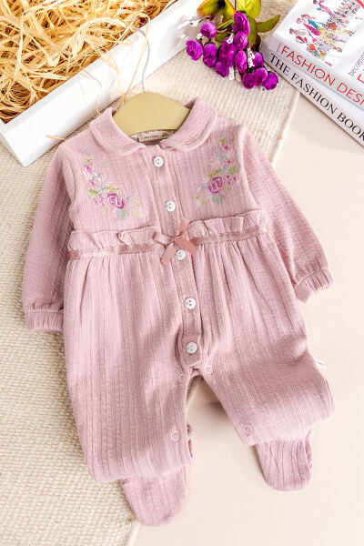 Çiçek Nakışlı Bebe Yaka Kız Bebek Tulum