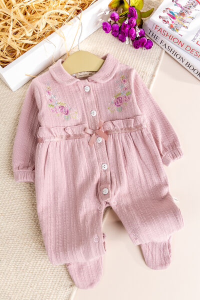 Çiçek Nakışlı Bebe Yaka Kız Bebek Tulum