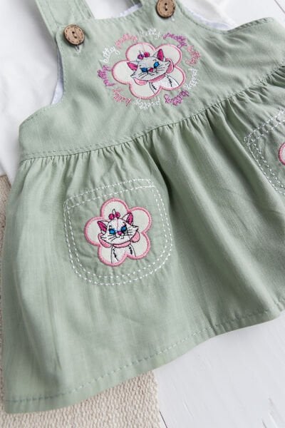 Çicekli Kedi Nakışlı %100 Pmuklu Kız Bebek Salopet Elbise Jile