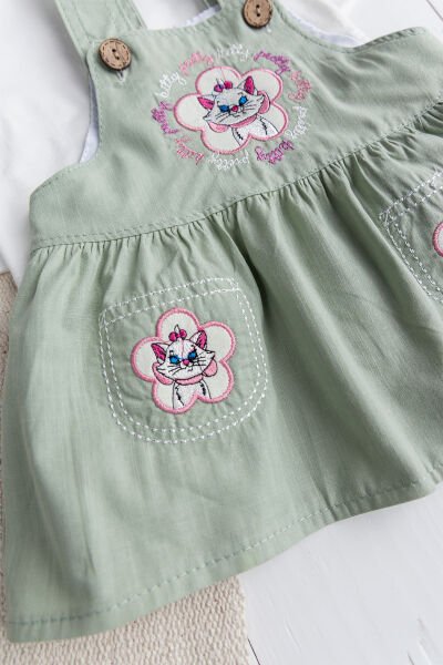 Çicekli Kedi Nakışlı %100 Pmuklu Kız Bebek Salopet Elbise Jile