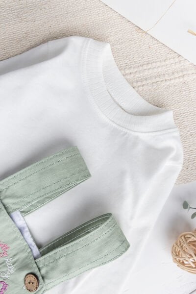 Çicekli Kedi Nakışlı %100 Pmuklu Kız Bebek Salopet Elbise Jile