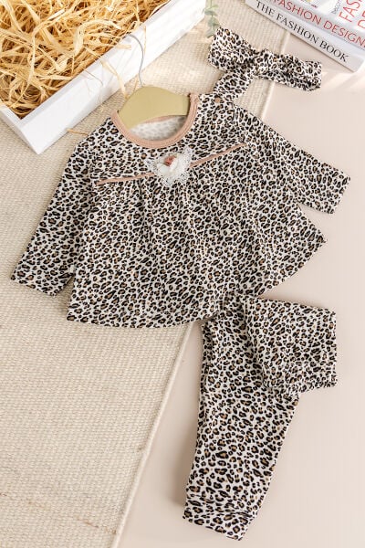 Leopar Desenli Bandanalı 3'lü Kız Bebek Takım