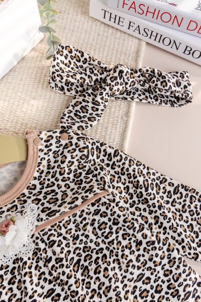 Leopar Desenli Bandanalı 3'lü Kız Bebek Takım