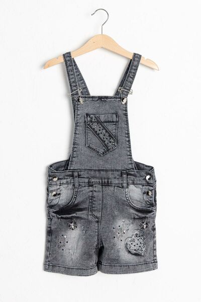 Taş İşlemeli Denim Kumaş Kız Çocuk Kot Salopet Tulum