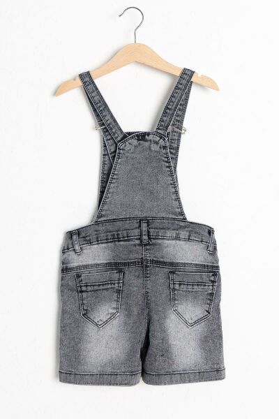 Taş İşlemeli Denim Kumaş Kız Çocuk Kot Salopet Tulum