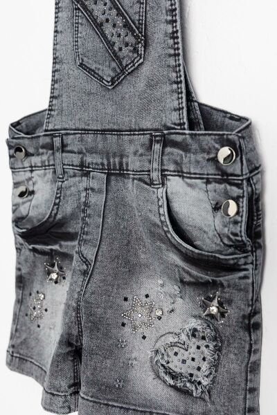 Taş İşlemeli Denim Kumaş Kız Çocuk Kot Salopet Tulum