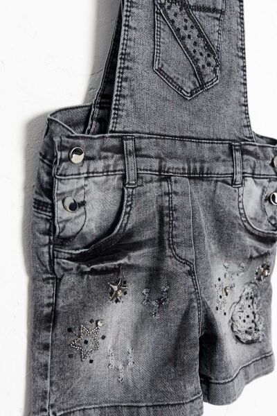 Taş İşlemeli Denim Kumaş Kız Çocuk Kot Salopet Tulum