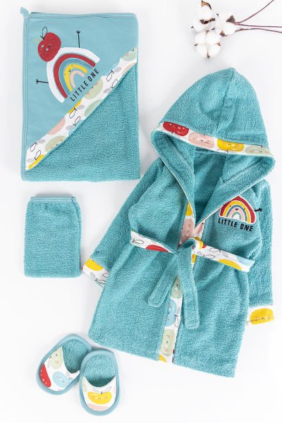 Gökkuşağı Temalı 4 Parça Bebek Havlu Bornoz Seti YEŞİL - 0-18 Ay