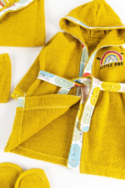 Gökkuşağı Temalı 4 Parça Bebek Havlu Bornoz Seti Hardal Sarısı - 0-18 Ay
