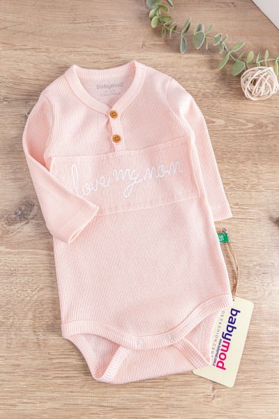 I Love Mom Baskılı Uzun Kollu Kız Bebek Zıbın Bebek Çıt Çıtlı Body SOMON -  6-9 AY