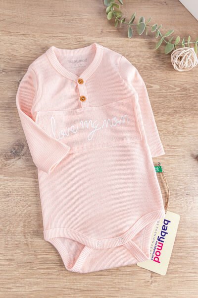 I Love Mom Baskılı Uzun Kollu Kız Bebek Zıbın Bebek Çıt Çıtlı Body SOMON -  9-12 AY