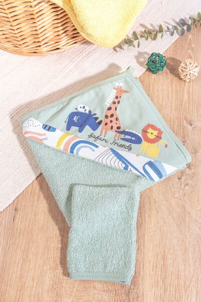 Safari Temalı 2 Parça Pamuklu Bebek Havlu Seti SU YEŞİLİ -  Tek Ebat