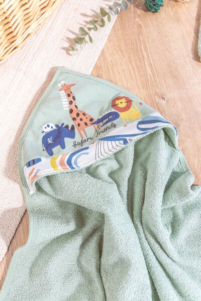 Safari Temalı 2 Parça Pamuklu Bebek Havlu Seti SU YEŞİLİ -  Tek Ebat