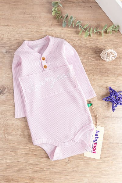 I Love Mom Baskılı Uzun Kollu Kız Bebek Zıbın Bebek Çıt Çıtlı Body PEMBE - 3-6 AY