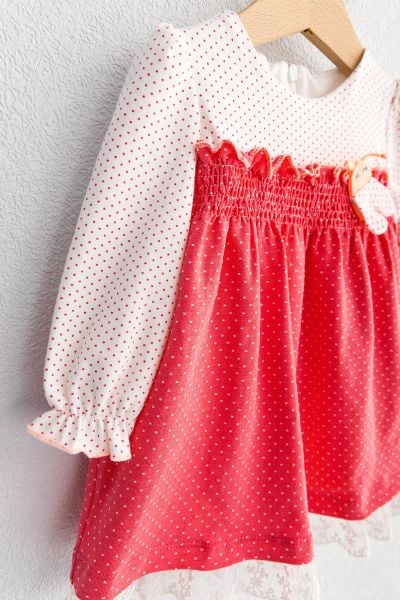 Puantiye Desenli Güpürlü Uzun Kollu Bebek Elbise NARÇİÇEĞİ - 9 Ay