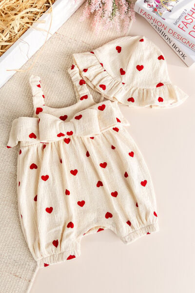 Şapkalı Kalp Desenli %100 Pamuk Yazlık Kız Bebek Tulum Set Takım