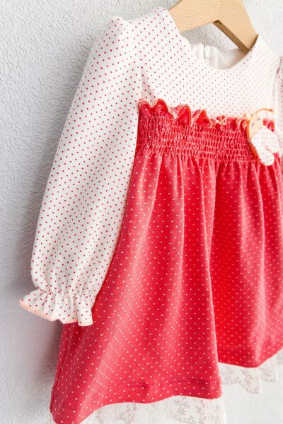 Puantiye Desenli Güpürlü Uzun Kollu Bebek Elbise NARÇİÇEĞİ -  12 Ay