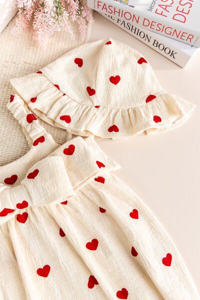 Şapkalı Kalp Desenli %100 Pamuk Yazlık Kız Bebek Tulum Set Takım KIRMIZI - 3-6 AY