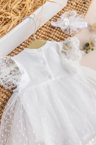 Tüllü Bandanalı %100 pamuk Kız Bebek Şık Özel Gün Elbise Set Krem