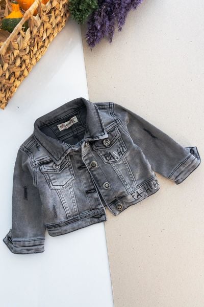 Fashion Taş İşlemeli Eskitme Kız Bebek Kot Ceket