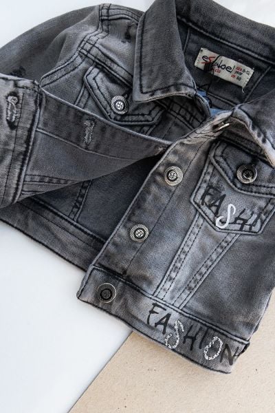 Fashion Taş İşlemeli Eskitme Kız Bebek Kot Ceket