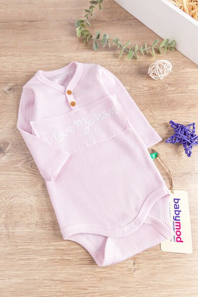 I Love Mom Baskılı Uzun Kollu Kız Bebek Zıbın Bebek Çıt Çıtlı Body PEMBE -  9-12 AY