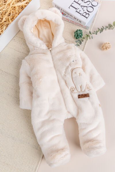 Premium Kalite Peluş  Pamuk Penye Astarlı Ayıcık Fiğürlü Kışlık Kız-Erkek Bebek Tulum KREM - 3 Ay