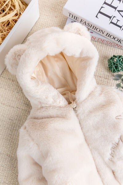 Premium Kalite Peluş  Pamuk Penye Astarlı Ayıcık Fiğürlü Kışlık Kız-Erkek Bebek Tulum KREM - 3 Ay