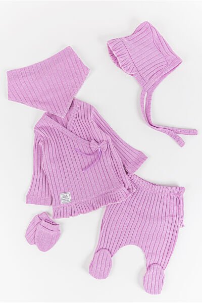 Fırfırlı Fiyonklu 5 Parça Kız Bebek Hastane Çıkışı Bebek Takımı LİLA - Yeni Doğan