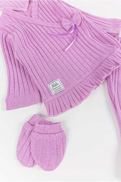 Fırfırlı Fiyonklu 5 Parça Kız Bebek Hastane Çıkışı Bebek Takımı LİLA - Yeni Doğan