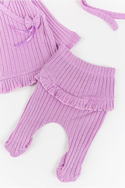 Fırfırlı Fiyonklu 5 Parça Kız Bebek Hastane Çıkışı Bebek Takımı LİLA - Yeni Doğan