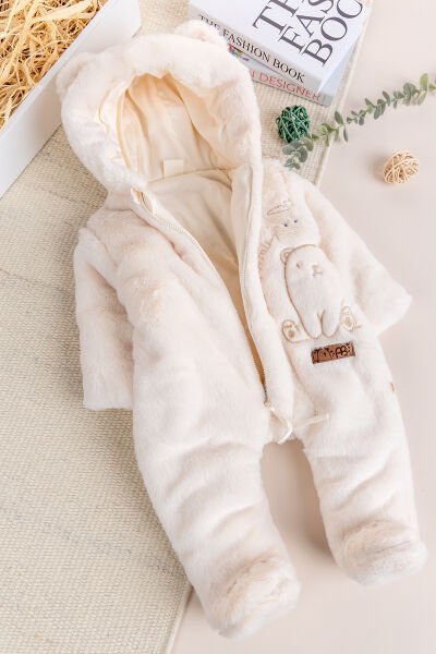 Premium Kalite Peluş  Pamuk Penye Astarlı Ayıcık Fiğürlü Kışlık Kız-Erkek Bebek Tulum KREM - 9 Ay