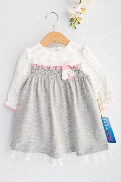 Puantiye Desenli Güpürlü Uzun Kollu Bebek Elbise GRİ - 6 Ay