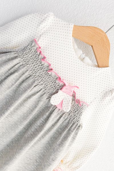 Puantiye Desenli Güpürlü Uzun Kollu Bebek Elbise GRİ - 6 Ay